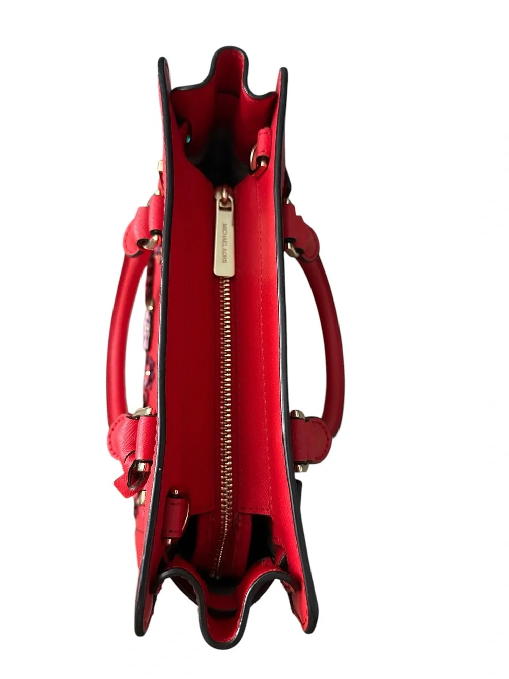 Michael Kors Red Saffiano Leather Colorful Floral Applique Satchel Tote Bag EUC